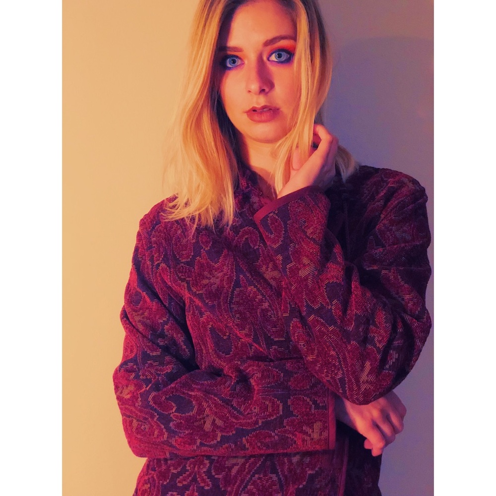 Psychedelic printed coat with fun bamboo buttons.